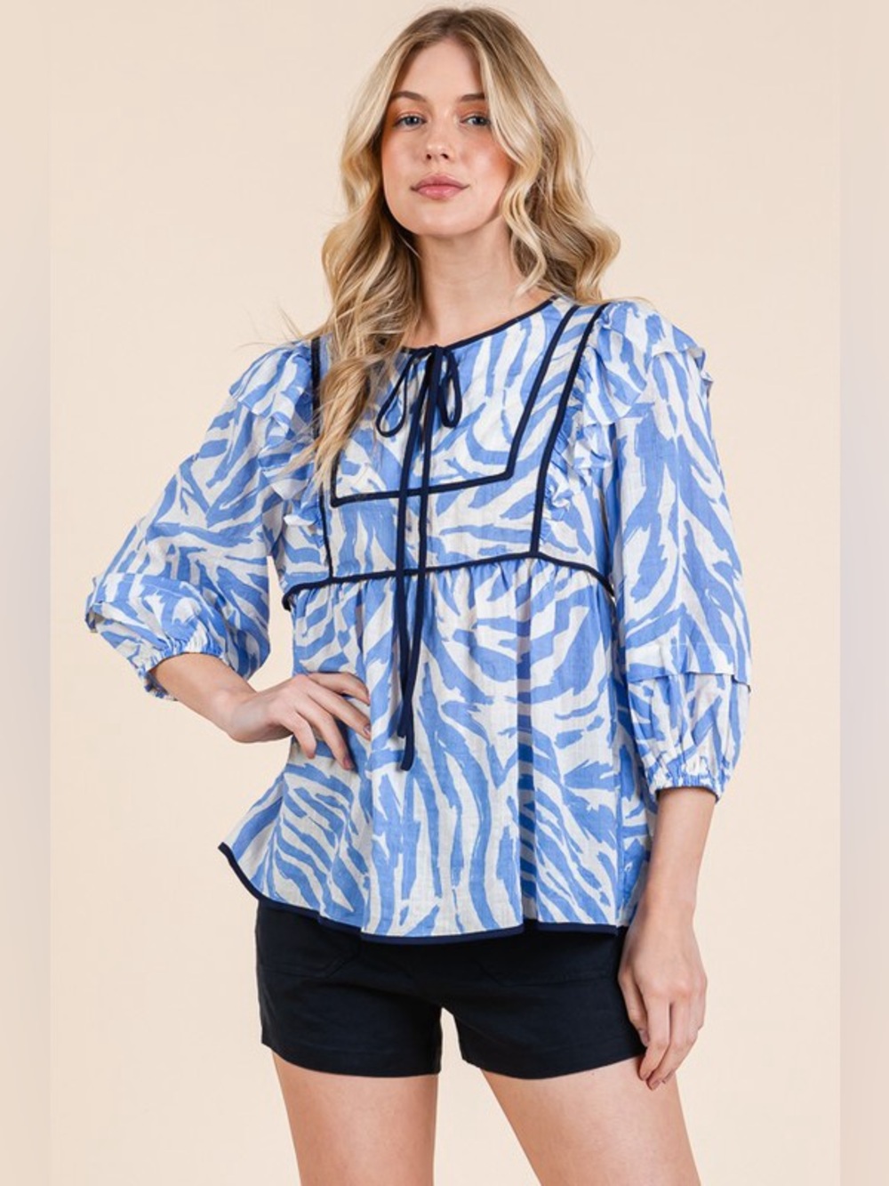 Lime 'N' Chili Graphic Print Solid Trim Quarter Sleeve Blouse - Picture 6 of 14